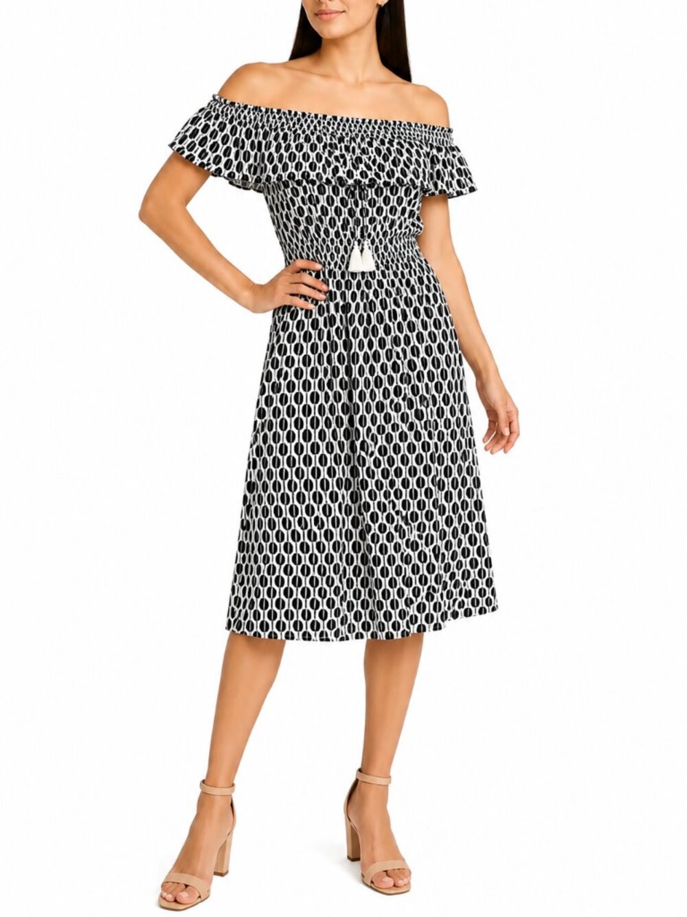 Kate Spade Arrow Stripe Off Shoulder Tassel Resort Vacation Dress Size M